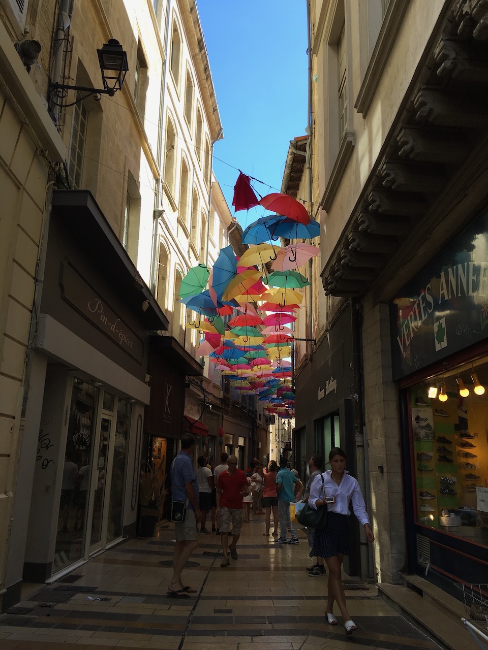 Detail of colourful umbrella canopy